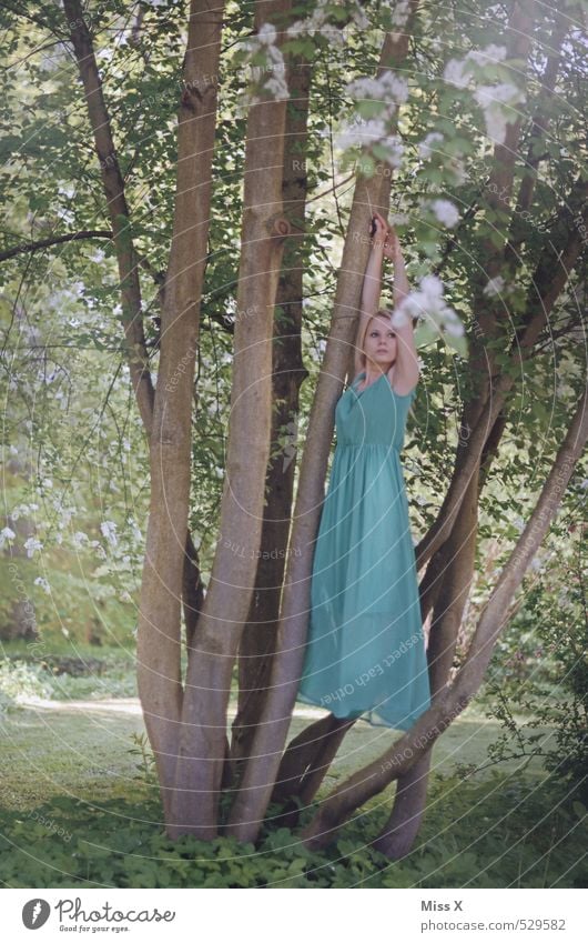 Schwebend Mensch feminin Junge Frau Jugendliche 1 18-30 Jahre Erwachsene Natur Frühling Sommer Pflanze Baum Park Wald Kleid fliegen hängen grün türkis Gefühle