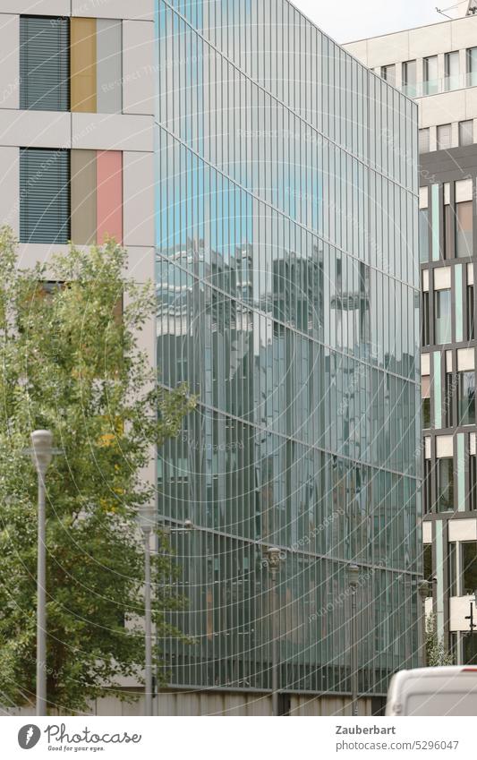 Moderne Glasfassade mit Spiegelung gegenüberliegender Gebäude in der Großstadt Fassade Stadt urban Bogen Architektur Reflexion & Spiegelung modern Hochhaus