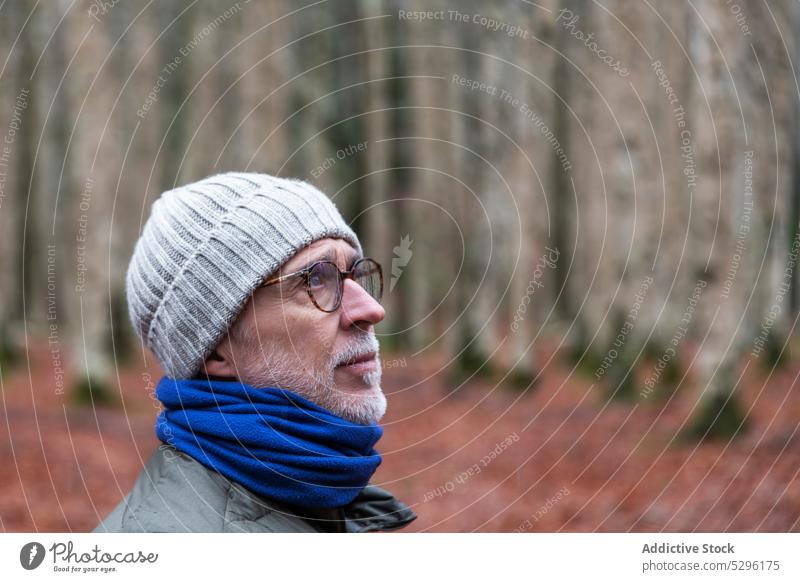 Älterer Mann in warmer Kleidung im Wald Herbst schlendern Natur Landschaft warme Kleidung genießen Saison fallen Senior älter männlich Oberbekleidung Brille