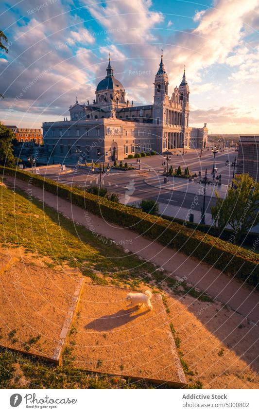 Majestätische Kathedrale bei Sonnenuntergang Architektur Kirche Großstadt katholisch Sightseeing Stadtbild Wahrzeichen historisch kathedrale von almudena Himmel