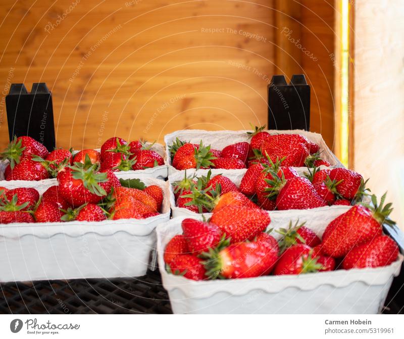 rote Erdbeeren mit grünen Stielen in Schalen an einem Verkaufsstand mit Holzwand im Hintergrund Nahaufnahme Lebensmittel Sommer Frucht Früchte reif lecker süß