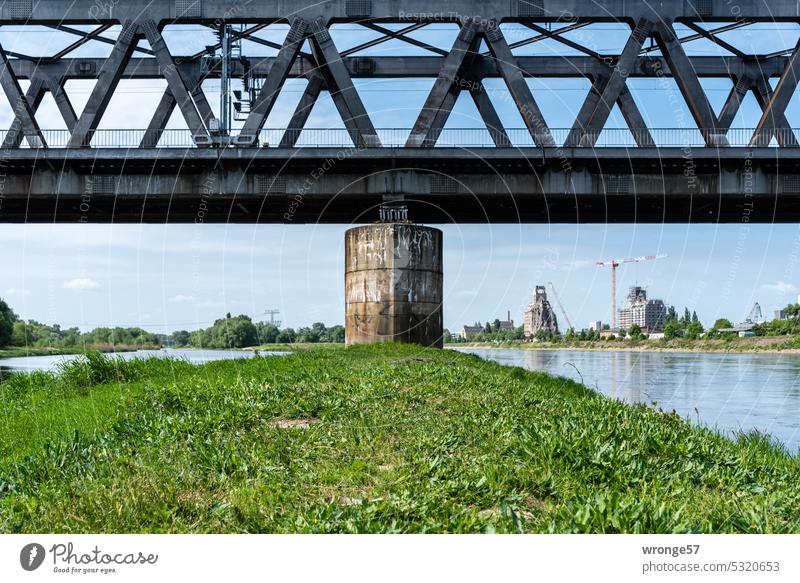 Eisenbahnbrücke über die Elbe bei Magdeburg Brückenpfeiler Detailaufnahme Fluss Überquerung Außenaufnahme Menschenleer Himmel Verkehr Verkehrswege Bauwerk