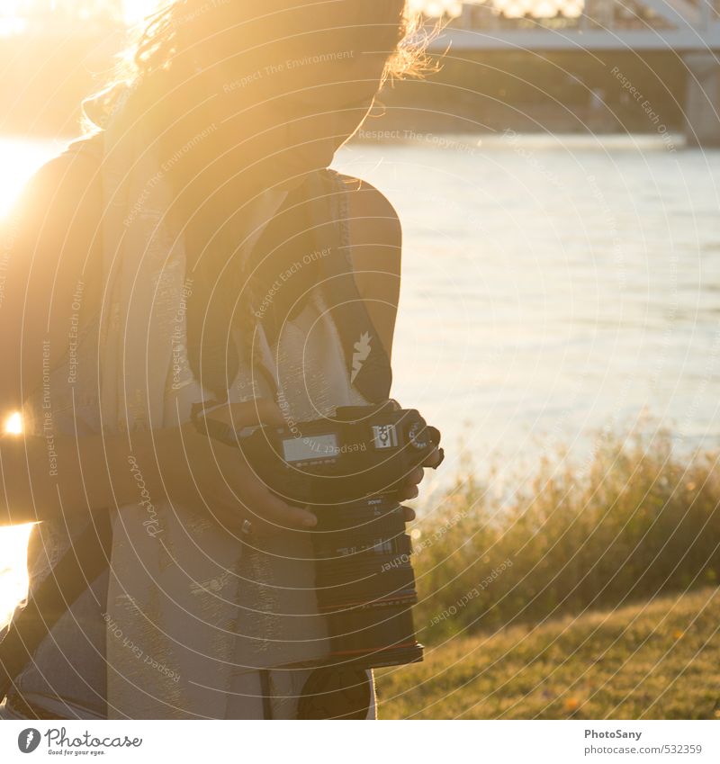 im gleissenden sonnenlicht Fotokamera Mensch feminin 1 Blick Wärme gelb Zufriedenheit Fotograf Mannheim Fluss Farbfoto Außenaufnahme Textfreiraum rechts Tag