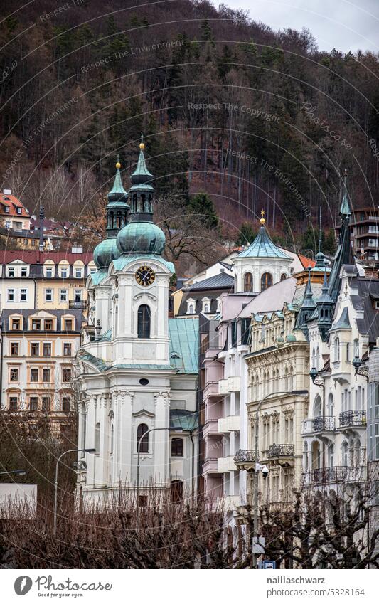 Karlsbad Zentralperspektive Tag Außenaufnahme Stadt Kleinstadt Altstadt Stadtzentrum Leben kreativ Vergänglichkeit Kirche Fassade Fassadenverkleidung Winter