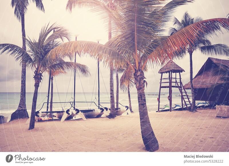 Retro Farbe getönten Foto von einem tropischen Strand, Sommerurlaub Konzept. Feiertag retro Urlaub MEER reisen altehrwürdig Meer Natur Sonne Himmel schön Küste