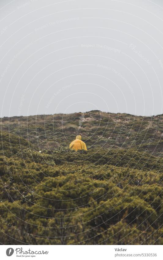 Wanderung bei starkem Regen und mit Regenjacke auf dem Fischerpfad im Süden Portugals bei regnerischem Wetter in Richtung Kap St. Vicente. Raue Landschaft