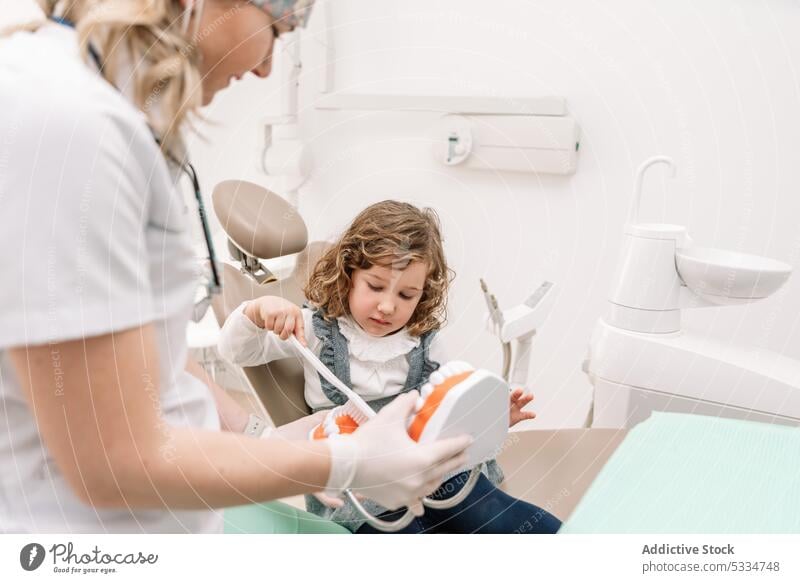 Ein Zahnarzt zeigt einem kleinen Mädchen in einer Zahnklinik die Zähne Zahnbürste zeigen lernen Bürste geduldig dental lehren Kiefer Stomatologie Hygiene Model