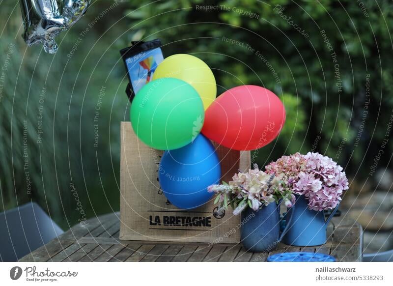Gartenparty backen Kerzen Geburstagskerzen Tisch Kaffeetisch Hintergrund neutral Feier Dekoration & Verzierung Geburtstagsfeier süß Luftballons Freude