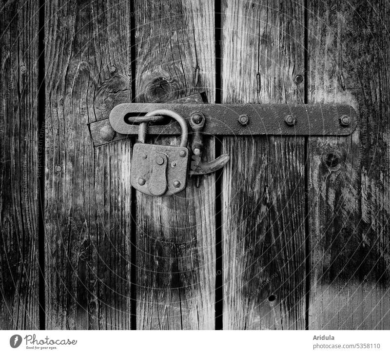 Altes Vorhängeschloss verschließt eine Scheunentür aus verwitterten Brettern Schloss verschlossen abgeschlossen Schuppen Tür Tor Holz verwaschen alt Sicherheit