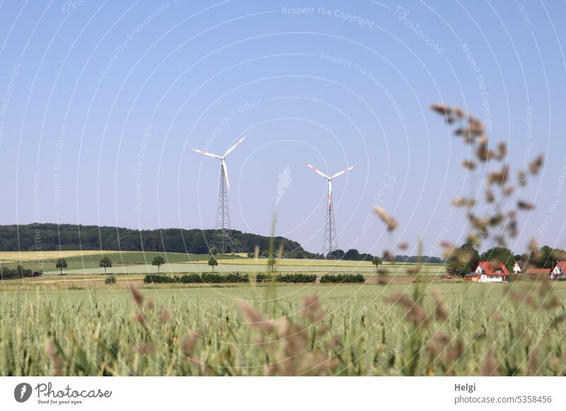 Dorflandschaft mit Feldern,Wiesen, Bäumen und 2 Windrädern im Hintergrund Landschaft Natur Umwelt Baum Windrad Windkraftanlage Stromerzeugung Stromgewinnung