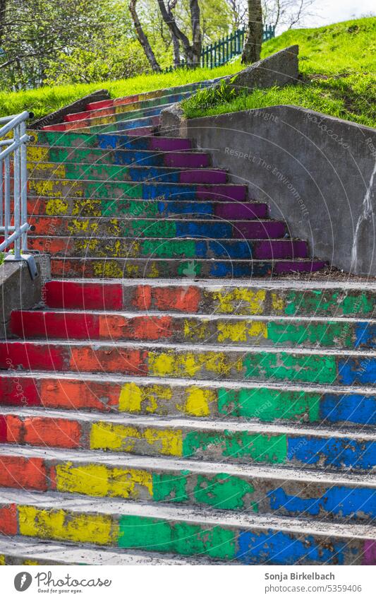 Regenbogenfarbene Treppen Freitreppe schön Großstadt farbenfroh Gemeinschaft Konzept Vielfalt purpur Stolz gemalt im Freien rot Stadt Transgender grün blau