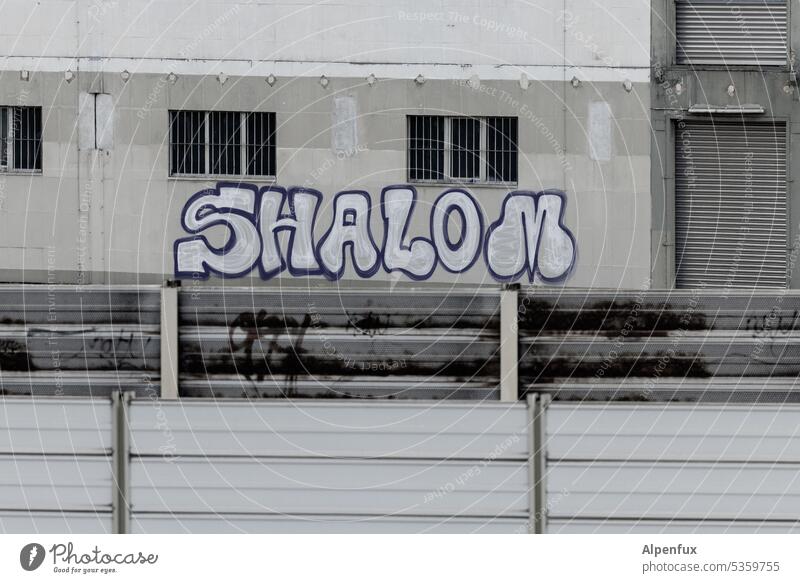 SHALOM Graffito Farbfoto Menschenleer Außenaufnahme Mauer hebräisch Frieden Graffiti Fassade Friedenswunsch Wandmalereien Subkultur Buchstaben Schriftzeichen