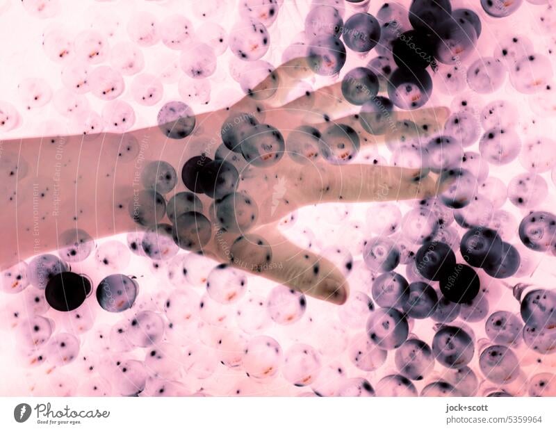 Linker Handgriff in eine Menge aus Kugeln Vorderarm Frau links Doppelbelichtung Silhouette Sinnestäuschung fantastisch Surrealismus Experiment abstrakt