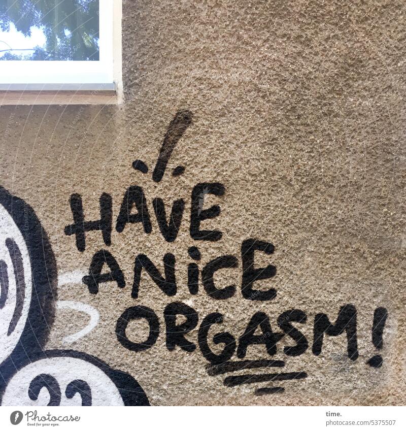 wenn's der Weltverbesserung dient ... Graffiti Wand Mauer Orgasmus Sexualität Wunsch selbstverliebt Spruch Text Buchstaben Fensterrahmen Edding Fassade