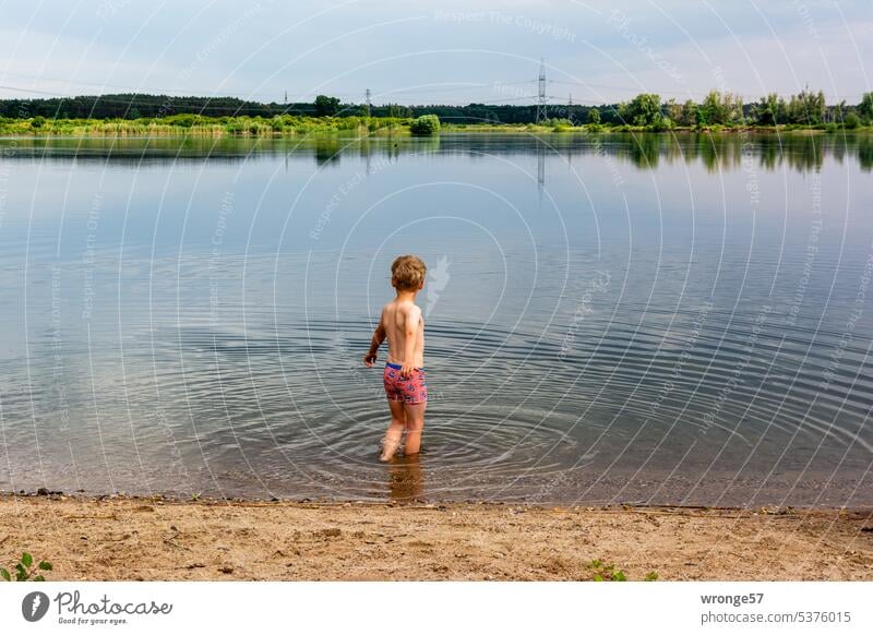 Junge steht im Wasser eines Kiessees und zögert noch etwas mit dem Baden Badesee Badestelle Rückansicht See Sommer Außenaufnahme Schwimmen & Baden Sommerurlaub