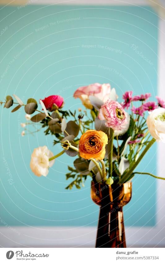 Bunter Blumenstrauss in Glasvase mit türkisfarbenem Hintergrund bunter Blumenstrauß Frühlingsblumen Ranunkeln blütenpracht Farbenpracht mehrfarbig aufheiternd