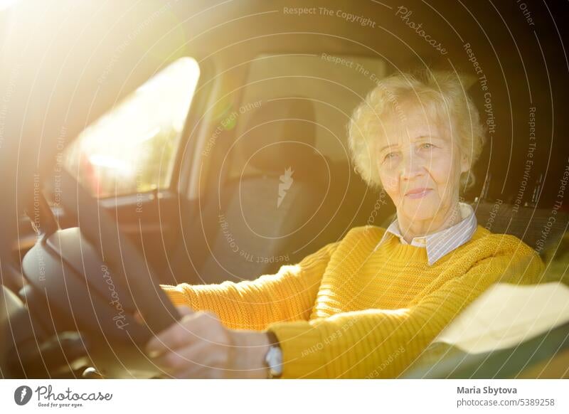 Porträt einer älteren Geschäftsfrau, die Autofahren lernt. Unsichere Fahrt. Business Frau Menschen PKW reisen Innenbereich Gesundheit Glück Gesicht Fenster