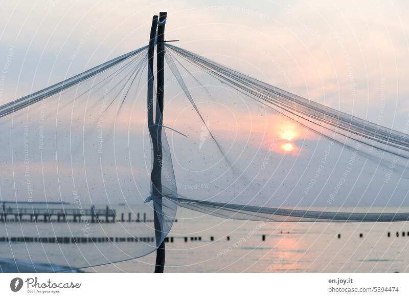 Fischernetz vor Ostsee mit bewölktem Sonnenuntergang Netz trocknen Meer Ostseeküste Horizont Wasser Himmel Wolken Dämmerung Abend Holzsteg Buhnen