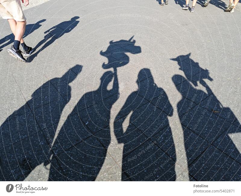 Partyschatten - Die Schatten von 4 Partymäusen. 2 halten einen Luftballon. Ein Einhorn und einen Pikachu. Menschen Silhouette Fußgänger laufen Straße Person
