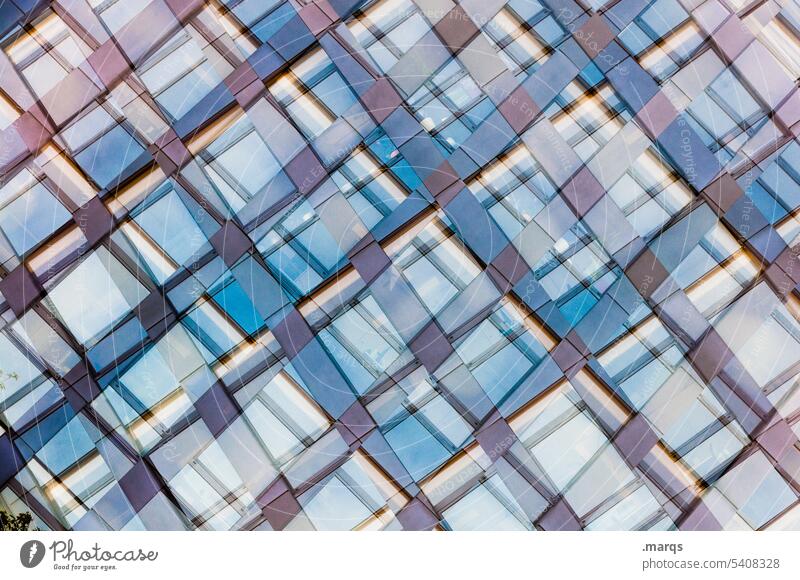 Verwoben abstrakt modern Glas Fenster Fassade Design Zukunft Strukturen & Formen Muster Perspektive verrückt Linie Architektur Doppelbelichtung blau