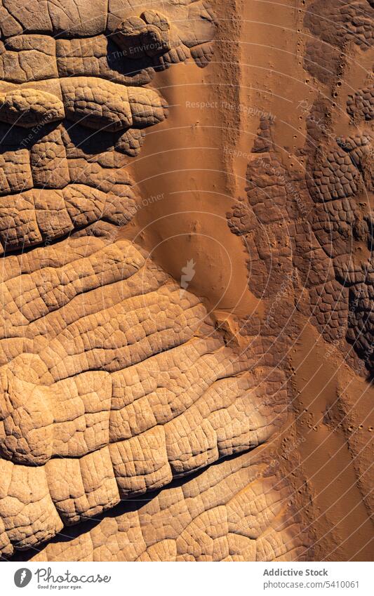 Felsige Klippen und sandiger Boden an einem sonnigen Tag in einer Wüstenlandschaft Schlucht Landschaft Formation Natur felsig Berge u. Gebirge Sand Tal