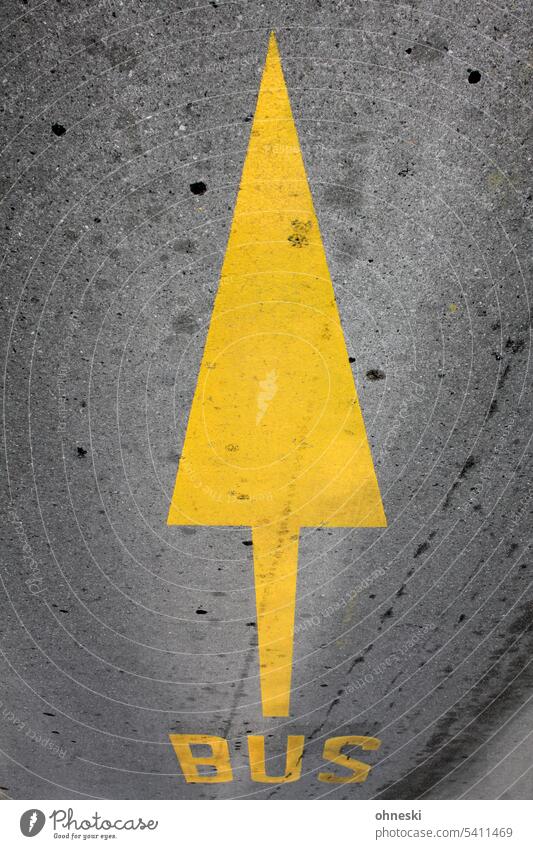 Gelber Pfeil und gelbe Bus-Aufschrift auf Straße Fahrbahnmarkierung Asphalt Verkehrswege Schilder & Markierungen Zeichen Orientierung Navigation Richtung