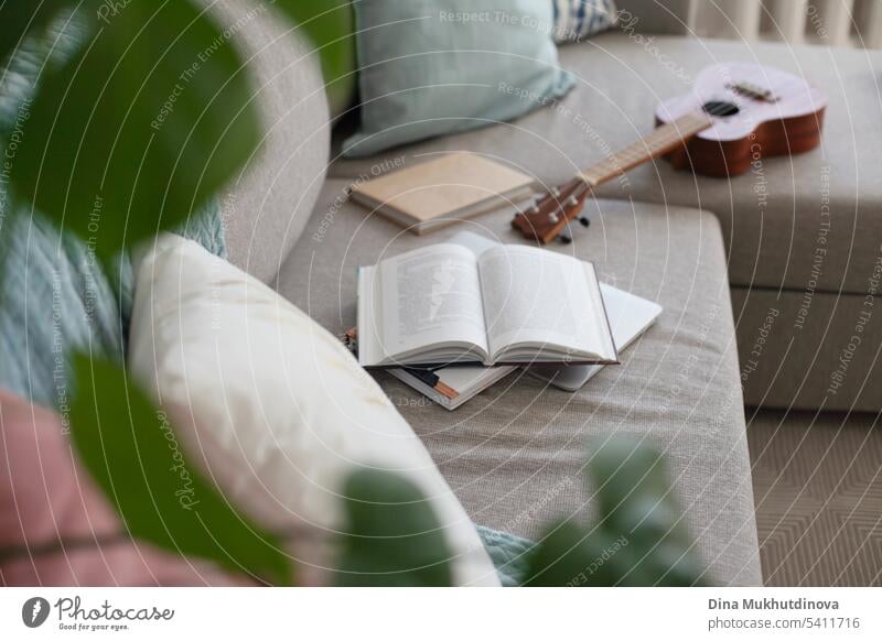 Bücher, hawaiianische Gitarre, Ukulele und Kissen auf der Couch. Gemütliche trendy Hipster Wohnung Innenarchitektur.  Konzept des langsamen Lebens. Blick von oben.