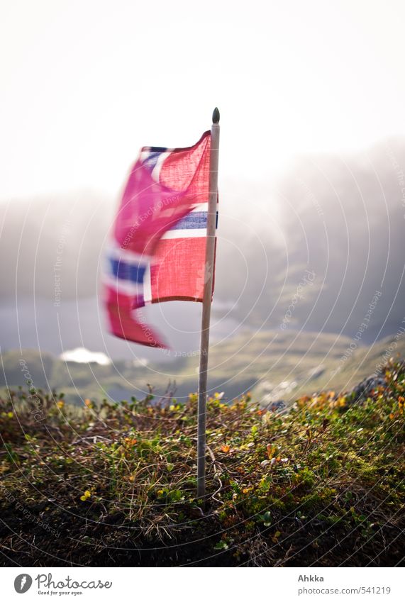 Norwegische Flagge Landschaft Berge u. Gebirge Fahne sportlich winken Begrüßung Norwegen Abschied klein oben rot Wind ausrollen Flügel Skandinavien Lofoten