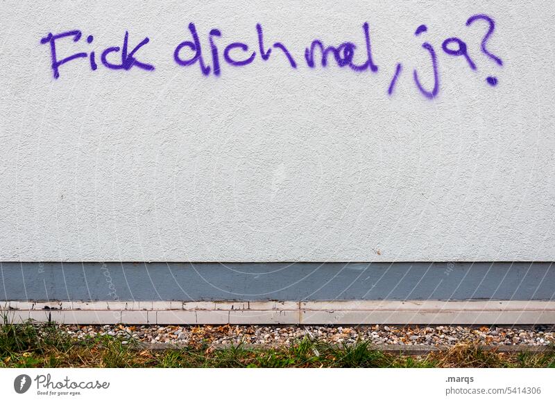 F*** dich mal, ja? Schriftzeichen fick dich Graffiti ordinär Mauer schimpfen fluchen Wand Jugendkultur Gefühle Kommunizieren Buchstaben obszön Schmiererei