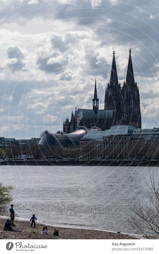 Am Rheinufer Köln am Rheinufer genießen rheinufer Fluss Deutschland Nordrhein-Westfalen Kirche Kathedrale Kölner Dom Skyline Tourismus Europa Großstadt