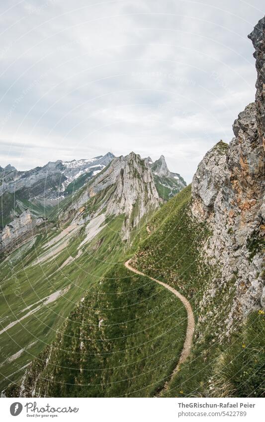Weg mit Aussicht auf Berge Panorama (Aussicht) Berge u. Gebirge Himmel Wolken Pfad Alpstein wanderland Appenzellerland Gras Steine Felsen laufen wandern Schweiz