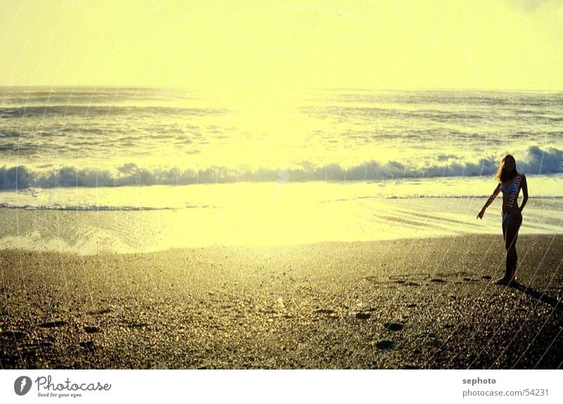 Shorebreak der Liebe Strand Wellen Sonnenuntergang Gegenlicht Lanzarote Meer Atlantik gelb Licht Frau Sand Sommerurlaub Badeurlaub Silhouette Wellengang