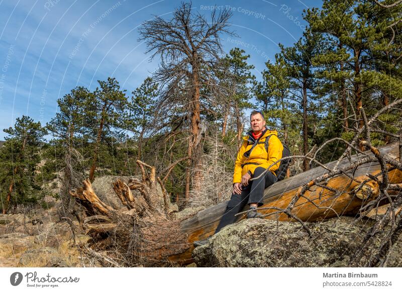 Ein 52-jähriger Wanderer macht eine Pause im Rocky Mountains National Park, Colordo Colorado Rocky Mountain National Park im Freien wandern ruhen Freizeit Mann