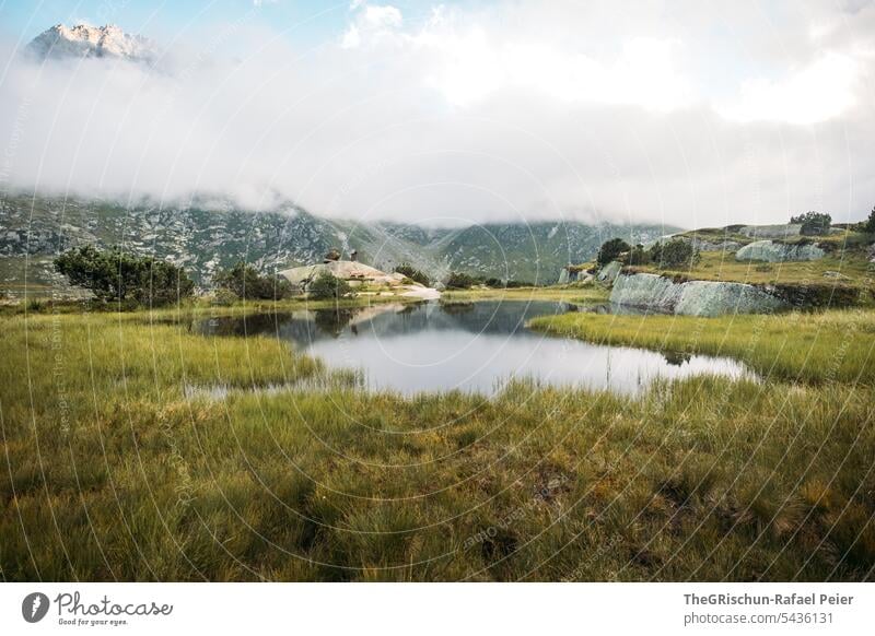 See vor Wolkenbedekten Berge Moor Moorsee moorlandschaft Gras Wasser Landschaft Natur Umwelt Außenaufnahme Sumpf Menschenleer Spiegelung Farbfoto Tag
