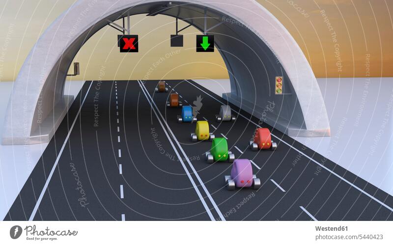 3D-Rendering, Fahrzeuge folgen dem grünen Pfeil unter dem Tunnel Niemand Verkehr reisen Travel verreisen Weg Reise Autobahn Autobahnen Reisende Reisender