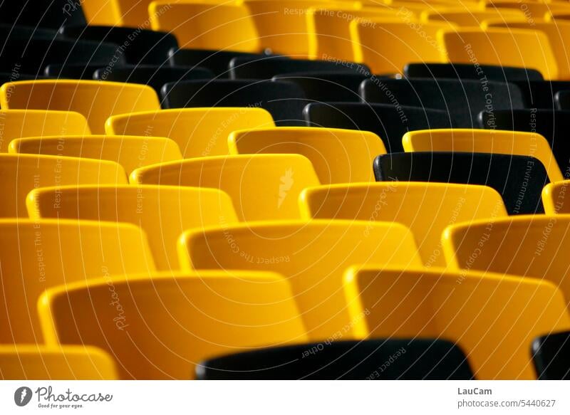 Freie Platzwahl - gelb oder schwarz? Stuhl Stühle gelbschwarz Stuhlehne Stuhllehnen Stuhlreihe Sitzplätze Sitzplatz freie Platzwahl freie Plätze leer Sitzreihen