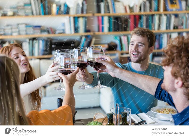 Freunde stoßen mit Rotwein an anstoßen zuprosten anstossen genießen geniessen Genuss Gemeinsam Zusammen Miteinander Gast Gäste Gaeste trinken Freundschaft