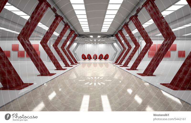 Futuristischer Raum mit fünf roten Drehstühlen, 3D-Rendering Sessel Fluchtpunkt Entfernung Weite Abwesenheit menschenleer abwesend futuristisch Zukunft Future