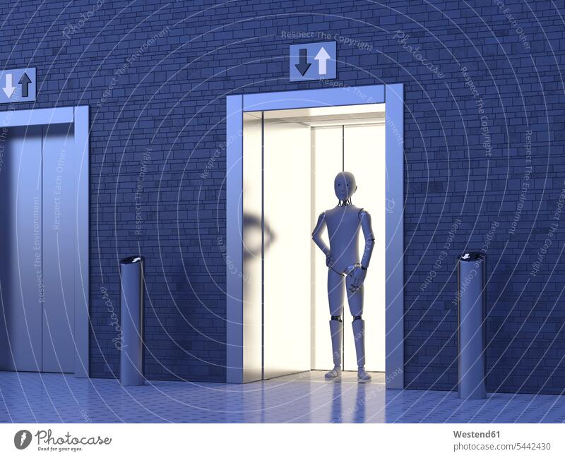 Roboter im Aufzug stehend Beruf Berufstätigkeit Berufe Beschäftigung Jobs futuristisch Zukunft Future Visionär Silhouette Umriß Gegenlicht Schattenbilder