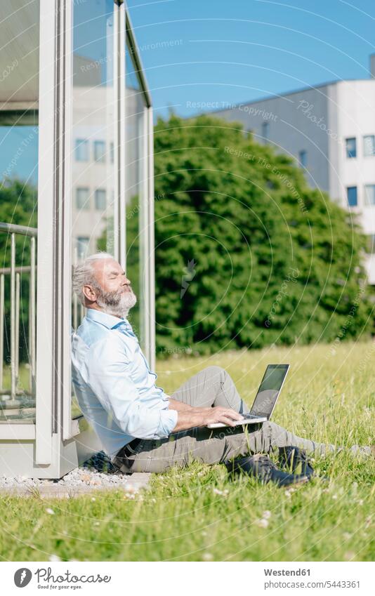 Reifer Mann mit Laptop entspannt sich auf der Wiese Notebook Laptops Notebooks sitzen sitzend sitzt Männer männlich Wiesen Computer Rechner Erwachsener