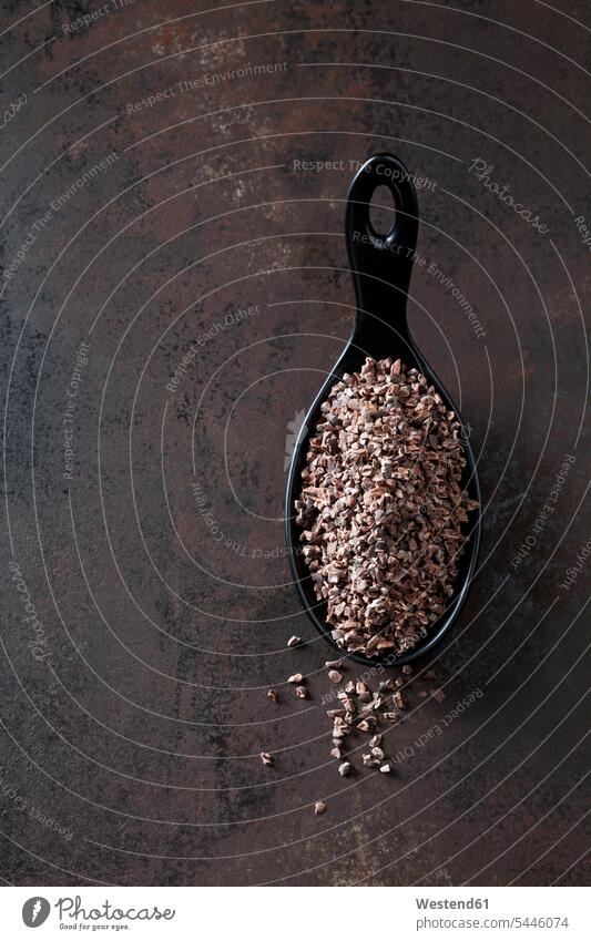 Löffel mit zerdrückten rohen Kakaofedern auf rostigem Metall Textfreiraum Gesunde Ernährung Ernaehrung Gesunde Ernaehrung Gesundheit gesund Frucht Früchte
