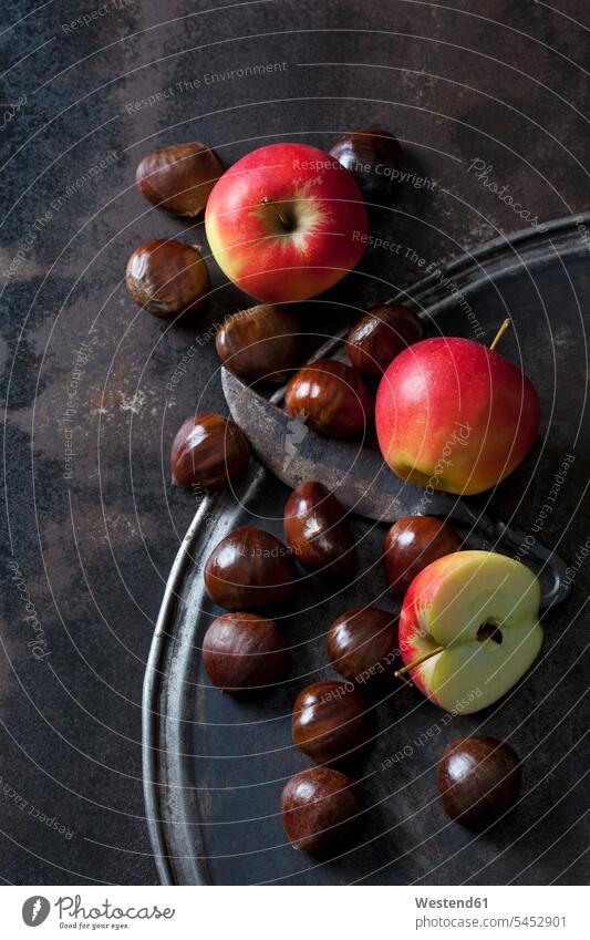 In Scheiben geschnittene und ganze Äpfel, Esskastanien und ein altes Messer auf rostigem Hintergrund Gesunde Ernährung Ernaehrung Gesunde Ernaehrung Gesundheit