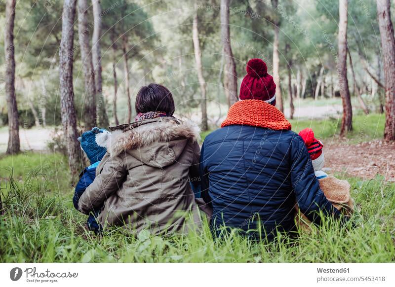 Rückansicht der im Wald sitzenden Familie sitzt Familien Mensch Menschen Leute People Personen Forst Wälder entspannt entspanntheit relaxt Entspannung relaxen