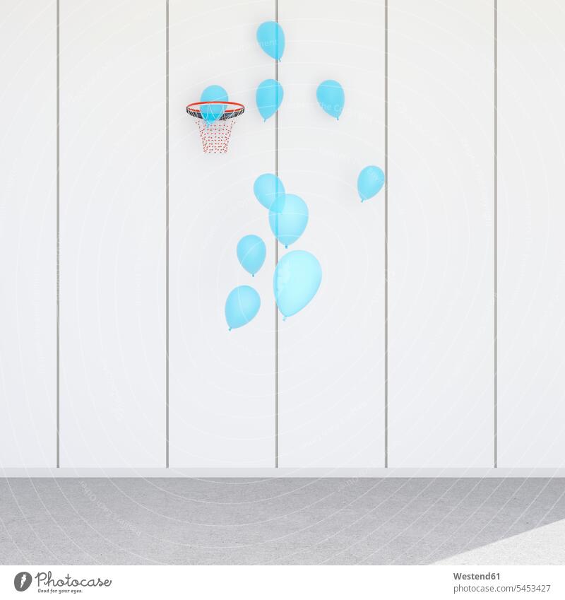 Schwebende Luftballons und Basketballkorb, 3D-Rendering Idee Ideen Eingebung Sieger Siegertypen Gewinner Entschlossenheit Entschluss Business Geschäftsleben