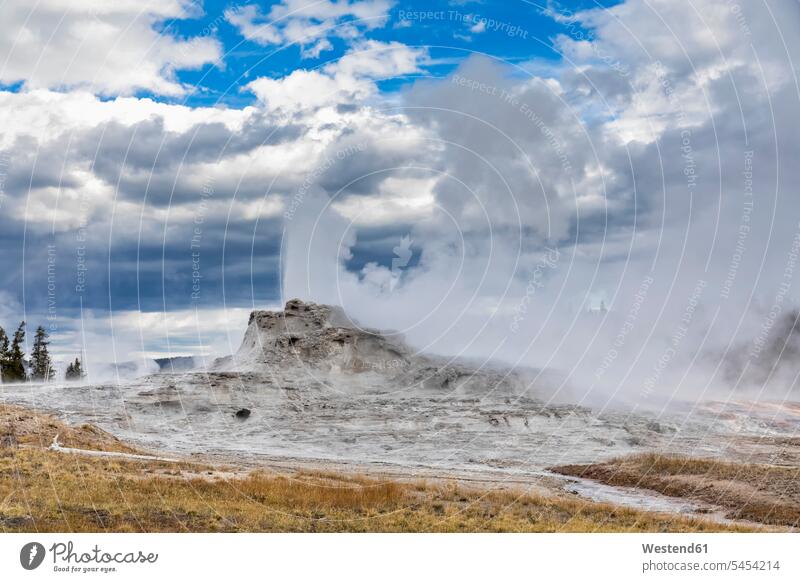 USA, Wyoming, Yellowstone-Nationalpark, Oberes Geysir-Becken, Ausbruch des Castle Geysers Wolke Wolken Eruption Eruptionen Castle-Geysir Castle Geysir