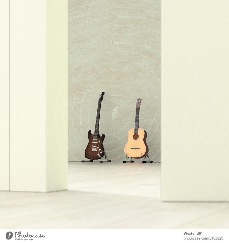 Gitarren in einem Raum hinter einer angelehnten Tür, 3D-Wiedergabe dreidimensional 3-D 3-d Abwesenheit menschenleer abwesend Konzept konzeptuell Konzepte Blick