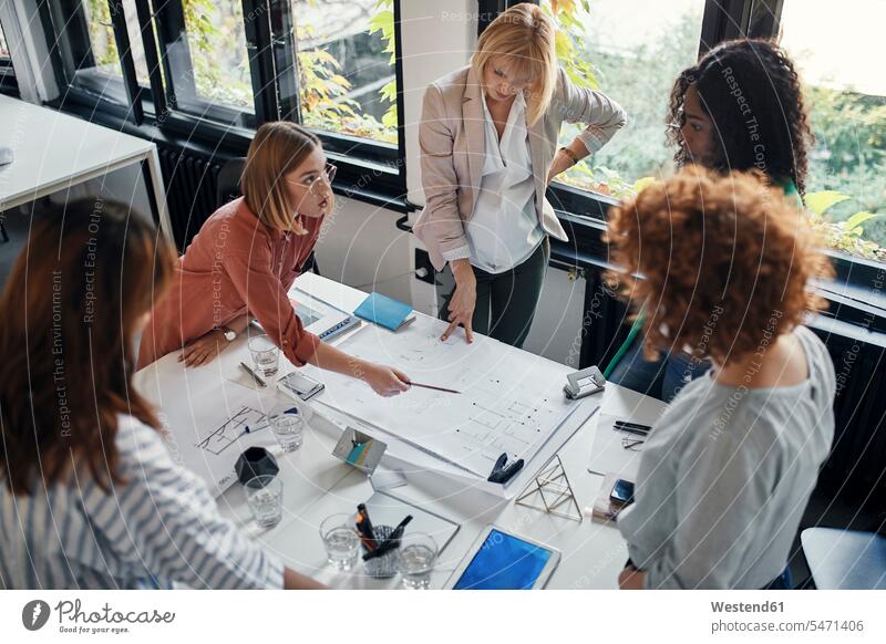 Geschäftsfrauen bei einer Besprechung im Büro mit Blaupausen auf dem Tisch Arbeitskollege Arbeitskollegen Kollege Job Berufe Berufstätigkeit Beschäftigung Jobs