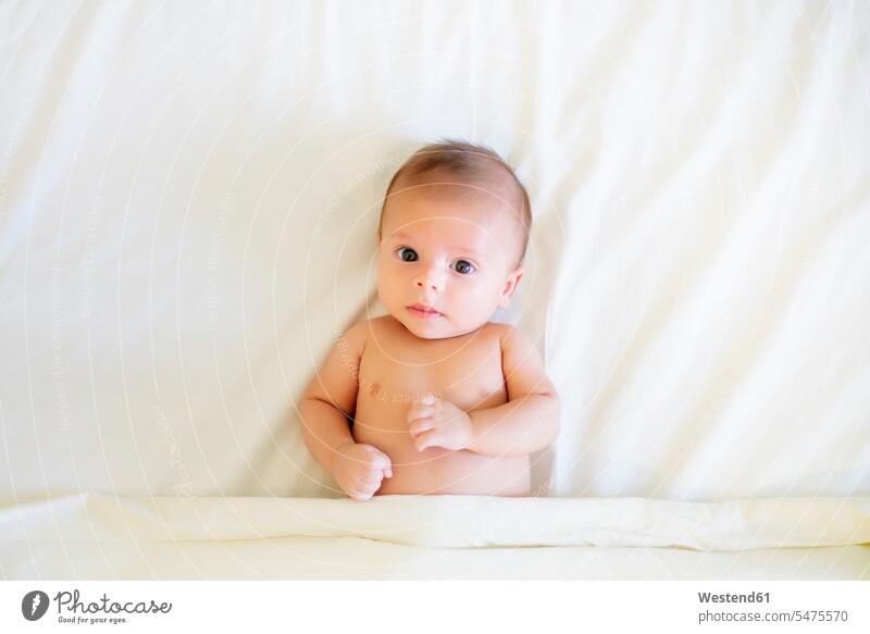 Porträt eines kleinen Jungen auf einem weißen Bettlaken liegend Betten entspannen relaxen entspanntheit relaxt liegt einfach schlicht Schlichtheit Blicke