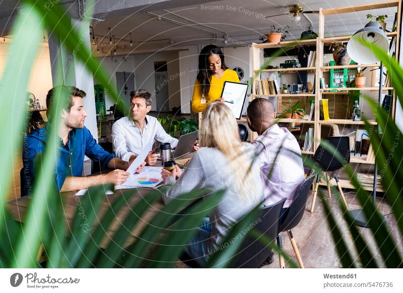 Geschäftsfrau führt eine Präsentation in Loft-Büro Praesentationen Präsentationen leiten führen leitend Business Geschäftsleben Geschäftswelt geschäftlich