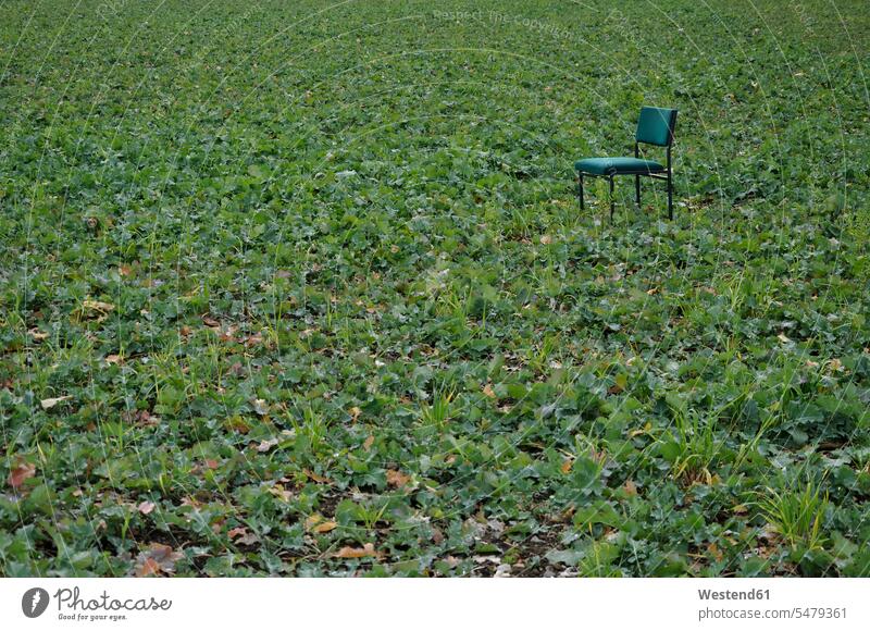 Deutschland, Blick auf den grünen Stuhl im Feld Einzelner Gegenstand ein Gegenstand 1 Einzelgegenstand einzeln Textfreiraum Abwesenheit abwesend menschenleer